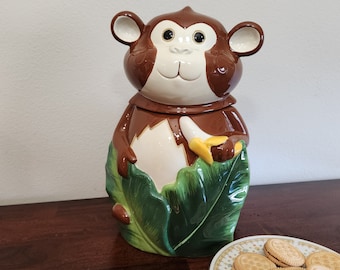 Vintage, 1990s, Pier 1 Imports, Large Ceramic Cookie Jar, Monkey with Banana, Tropical Leaves, Collectible - Item 522