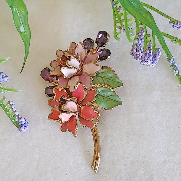 Estate Sale, Vintage, 1930s, Czecho (Marked), Brooch Pin, Enameled Peony, Prong Set Rhinestones- Item 517 Mother's Day Gift