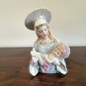 Vintage, 1970s, Marked L-43, Madonna and Child, Hand Painted Porcelain with Gold Accents, Figurine