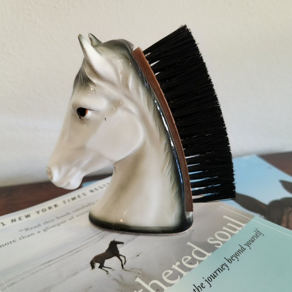 Vintage, 1950s, Norcrest, Japan, Mid Century Modern, Ceramic, Horse Head Lint, and Black Bristle Mane Brush