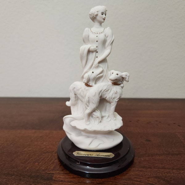 Vintage, 1993, Florence Italy, Guiseppe Armani, Capodimonte Porcelain, Signed, Figurine Statue, Lady, Two Borzoi Dogs, Wood Base Item 523