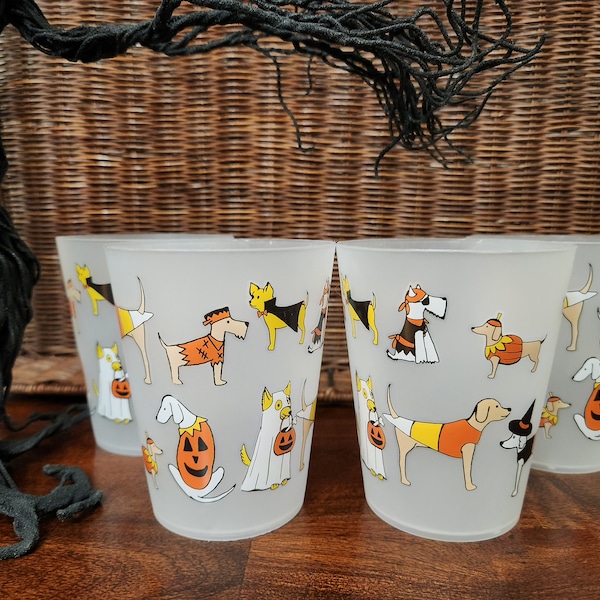 Vintage, 1990s, Halloween, Plastic Frosted Flex Cups, Pressed Print Graphics of Dogs in Costumes, Set of 4