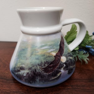 Vintage, 1970s, Japan, Otagiri, Ceramic, No Spill Travel Mug, Bald Eagle in Flight Scenery Design, Non-Slip Base, Drinkware, Collectible 849