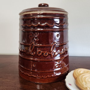 Vintage, 1950s, Mid Century Modern, Mar crest, Daisy Dots Pattern, Brown Drip Style Stoneware, Ceramic Cookie Jar with Lid, Rare - Item 511