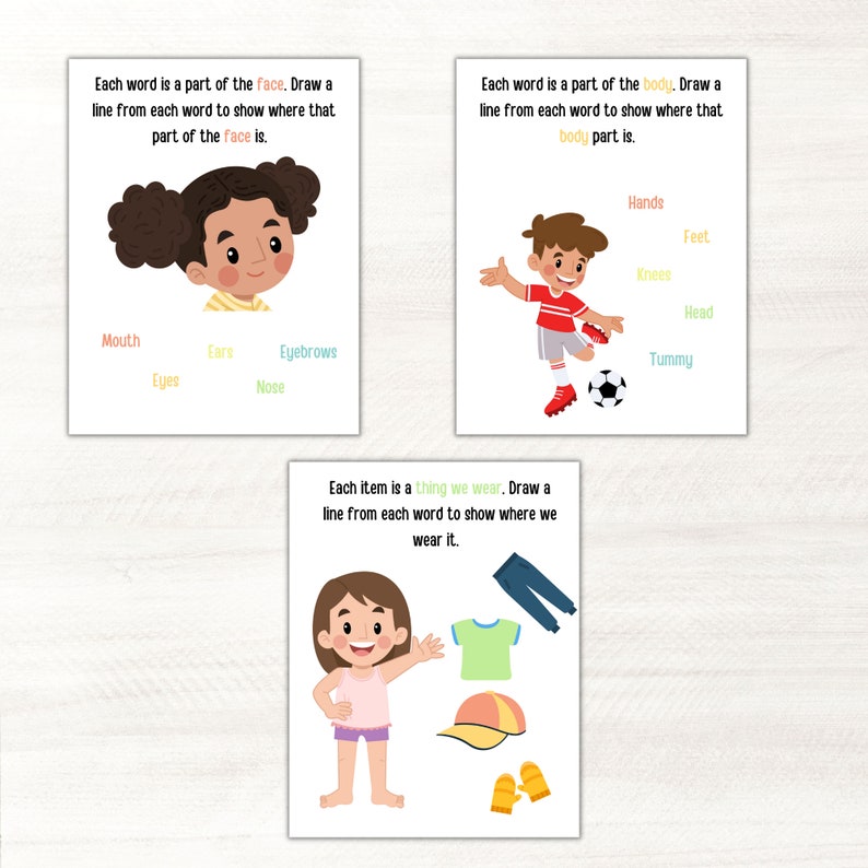 May include: Three educational flashcards for children. The first card shows a girl's face with labeled parts. The second card shows a boy playing soccer with labeled body parts. The third card shows clothing items.