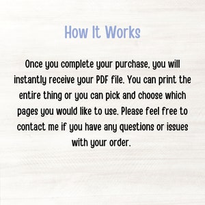 May include: A digital document titled "How It Works" with text explaining the process of receiving a PDF file after purchase. The text is in black font on a white background with a light blue header.