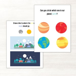 May include: Two educational printables with space and camping themes. One asks to draw a line to where the sun and moon should go. The other asks to circle Earth among other planets. The printables feature colorful illustrations.