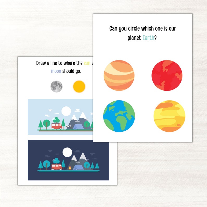 May include: Two educational printables with space and camping themes. One asks to draw a line to where the sun and moon should go. The other asks to circle Earth among other planets. The printables feature colorful illustrations.