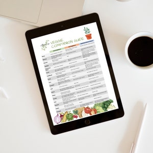 Puede incluir: Una tableta digital muestra una "Gu&iacute;a de Compa&ntilde;eros Vegetales" con una tabla que detalla los buenos y malos vecinos, as&iacute; como hierbas y flores beneficiosas para varias verduras. La tableta est&aacute; sobre una superficie blanca, con una taza de caf&eacute; y un bol&iacute;grafo.