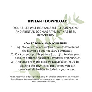 Puede incluir: Hoja de informaci&oacute;n de descarga digital blanca con acentos bot&aacute;nicos verdes. El texto incluye "DESCARGA INSTANT&Aacute;NEA" e instrucciones sobre c&oacute;mo descargar archivos de Etsy. Incluye un descargo de responsabilidad sobre la naturaleza digital del producto.