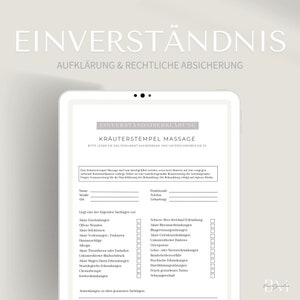 Könnte beinhalten: Ein weißes digitales Tablet mit einem deutschen Einverständnisformular für eine Kräutertempelmassage. Das Formular enthält eine Liste von medizinischen Bedingungen und einen Platz für die Unterschrift des Kunden.