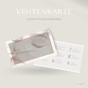 May include: A white business card with the text "VISITENKARTE" and "ZU DEN PFLEGEHINWEISEN" in black. The card also features a photo of a woman's eye with eyelashes and the text "WIMPERNVERLÄNGERUNG PFLEGEHINWEISE".