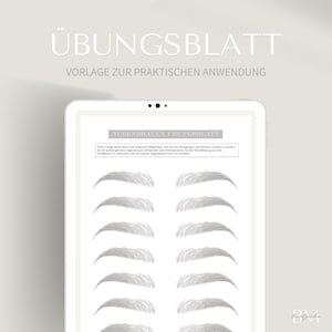 Op de afbeelding: Een zwart-witte, afdrukbare oefenblad voor wenkbrauwen met de tekst "Augenbrauen Übungsblätter" en "Vorlage zur praktischen Anwendung". Het blad toont meerdere wenkbrauwvormen om te oefenen met het vormen en stylen van wenkbrauwen.