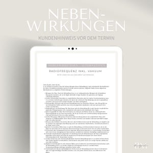 Puede incluir: Una tableta digital muestra un documento en alem&aacute;n. El t&iacute;tulo es "NEBENWIRKUNGEN" y "KUNDENHINWEIS VOR DEM TERMIN". El documento trata sobre tratamientos de radiofrecuencia y vac&iacute;o, con secciones sobre efectos secundarios y alternativas.