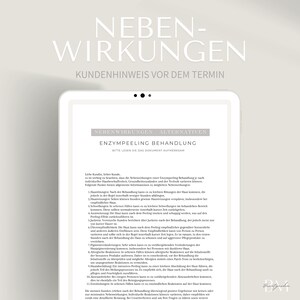Puede incluir: Un documento con el título "Nebenwirkungen Alternativen Enzympeeling Behandlung" y el texto "Bitte lesen Sie das Dokument aufmerksam." El documento es un aviso al cliente sobre los posibles efectos secundarios de un tratamiento de peeling enzimático.