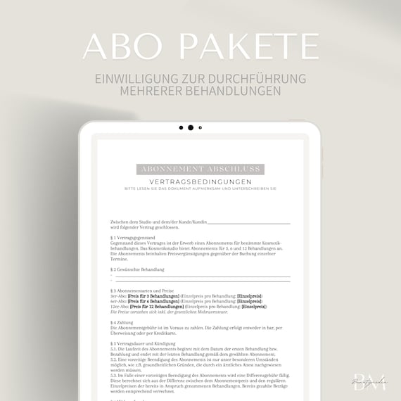 Abonnement Vertrag für kosmetische Behandlungen als PDF & Canva Format | Buchung, Stornierung, Zahlung, Vertragsdauer, Widerrufsrecht uvm.