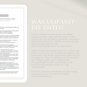 Pu&ograve; includere: Un tablet bianco che mostra un documento con il titolo "Cosa comprende il file?" in grassetto nero. Il documento spiega il contenuto di un file scaricabile che include un PDF e un link Canva. Il documento &egrave; scritto in tedesco.
