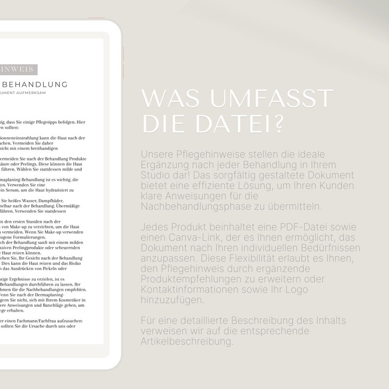 Pu&ograve; includere: Un tablet bianco che mostra un documento con il titolo "Cosa comprende il file?" in grassetto nero. Il documento spiega il contenuto di un file scaricabile che include un PDF e un link Canva. Il documento &egrave; scritto in tedesco.