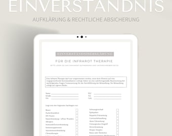 Einverständnis für die Infrarot Therapie | Formular Zustimmung als PDF / Canva Format | Hautanalyse Fragebogen inkl. Kundenunterschrift