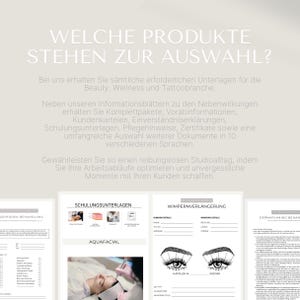Może przedstawiać: Obraz reklamowy z niemieckim tekstem, reklamujący dokumenty dla branży beauty, wellness i tatuażu. Obraz zawiera przykłady materiał&oacute;w szkoleniowych, formularzy do przedłużania rzęs i innych dokument&oacute;w.