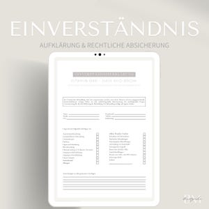 Op de afbeelding: Een wit document met de titel "Einverständnis" in vetgedrukte zwarte tekst. Het document is een toestemmingsformulier voor een vitamine bar haar- en wenkbrauwbehandeling. Het formulier bevat een lijst met medische aandoeningen en allergieën die door de klant kunnen worden aangevinkt.