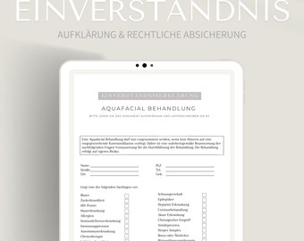 Einverständnis für Aquafacial Behandlung | Formular Zustimmung als PDF und Canva Format | Fragebogen als E-File inkl. Kundenunterschrift