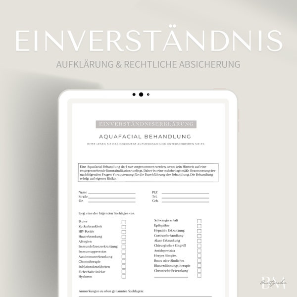 Consent for aquafacial Treatment | Download consent PDF and canva form | facial questionnaire as an e-file including customer signature