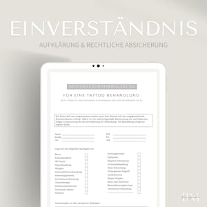 Könnte beinhalten: Ein weißes Tablet mit einem schwarzen Bildschirm, auf dem ein deutsches Einverständnisformular für eine Tattoo-Behandlung angezeigt wird. Das Formular enthält eine Checkliste mit medizinischen Bedingungen und einen Abschnitt für den Namen, die Adresse und die Kontaktinformationen des Kunden.