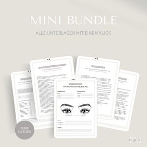 May include: A digital mini bundle of five documents for eyelash extensions, featuring text in German, including client forms, aftercare instructions, and a lash mapping sheet with a graphic illustration of eyes and lashes on a light background.