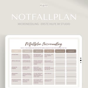 Könnte beinhalten: Eine digitale Notfallplan-Vorlage für Microneedling mit dem Titel Notfallplan Microneedling. Die Tabelle enthält Spalten für Notfallarten, Anzeichen, Sofortmaßnahmen, ärztliche Kontakte, Besprechungsdaten und Unterschriften in neutralen Farben.
