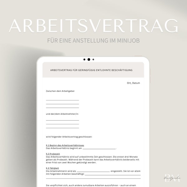 Arbeitsvertrag Minijob als PDF / Canva Vorlage | Für jede Branche inkl. Kosmetik, Tätowierer & Friseure | Muster Vertrag für Angestellte