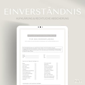 May include: A German language medical consent form for Dermaplaning. The form includes a checklist of medical conditions and a space for the patient's name, address, and phone number.