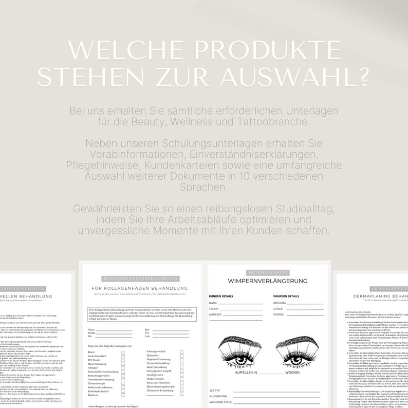 Unser Sortiment umfasst eine breite Auswahl an digitalen Dokumenten, wie Schulungen, Kundenkartei, Pflegehinweise, Vorabinformationen, Einverständniserklärungen, Zertifikate und mehr – alles sofort verfügbar und individuell anpassbar.