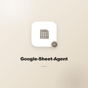 Könnte beinhalten: Digitales Icon mit einem Tabellenraster in einem weißen Quadrat, begleitet von einem Häkchen. Darunter steht der Text "Google-Sheet-Agent" in fetter Schrift, mit einer horizontalen Linie. Der Hintergrund ist hellbeige.
