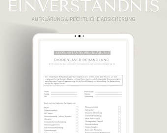 Einverständnis für die Diodenlaser | Formular Zustimmung als PDF & Canva Format | Hautanalyse Anamnese Haarentfernung
