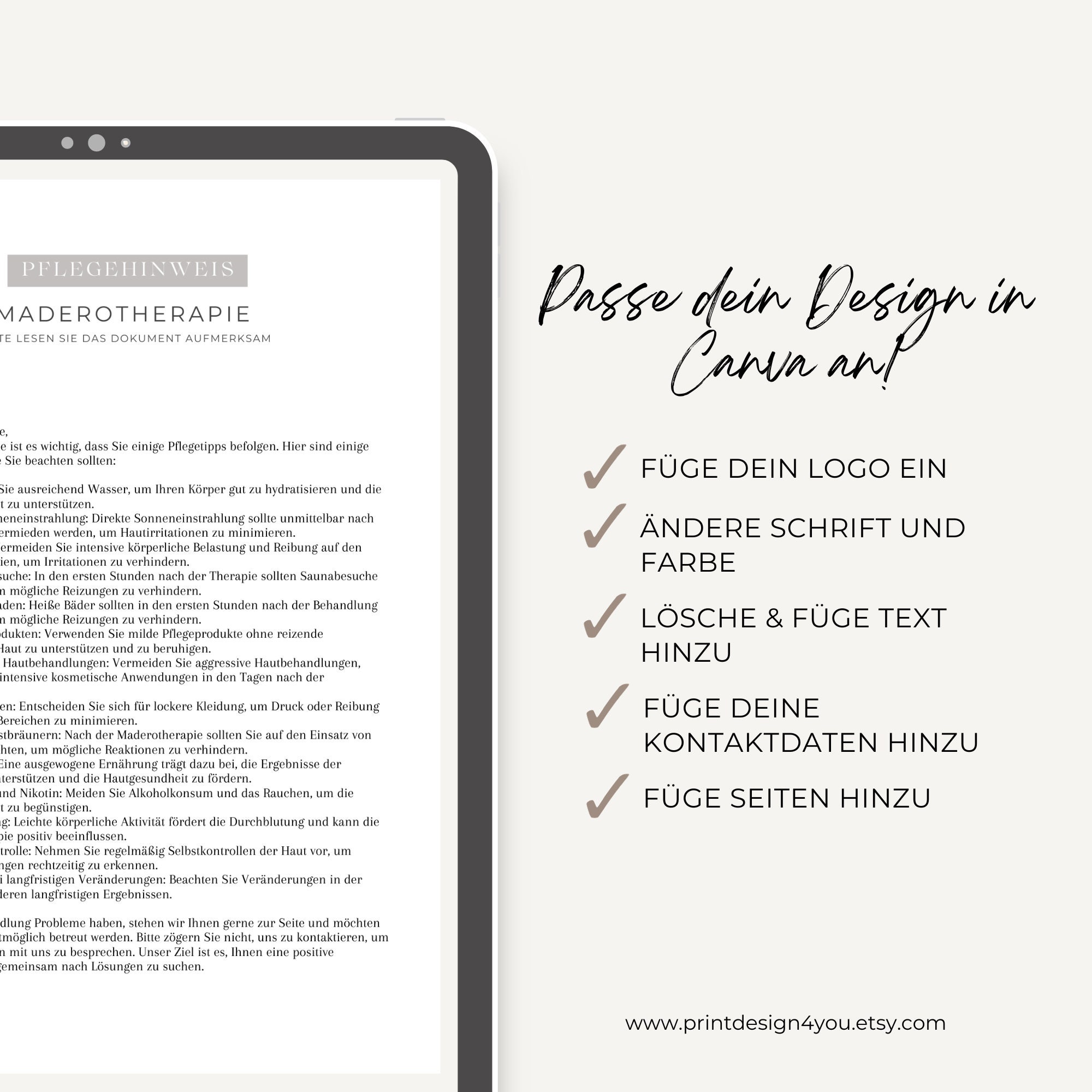 Pflegehinweis für Maderotherapie im PDF & Canva Format Anleitung nach