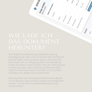 May include: A white screen with a blue cloud icon and the text "Download Digital Assets". The screen shows a message in German explaining how to download a digital document after purchase. The text says "Wie lade ich das Dokument herunter?" which translates to "How do I download the document?"