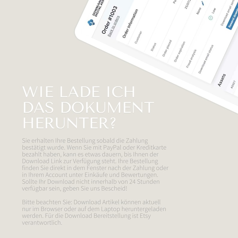 May include: A white screen with a blue cloud icon and the text "Download Digital Assets". The screen shows a message in German explaining how to download a digital document after purchasing it. The text says "Wie lade ich das Dokument herunter?" which translates to "How do I download the document?"
