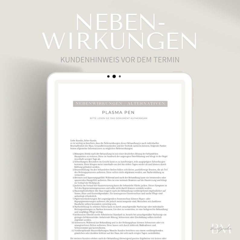 May include: A digital tablet displays a document titled "NEBENWIRKUNGEN" and "ALTERNATIVES" with the text "PLASMA PEN." The document appears to be a medical or informational sheet, with detailed text in German. The tablet is white with a black border.