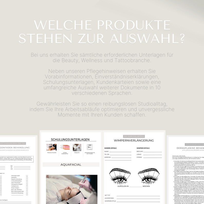 May include: A set of printable documents for beauty, wellness, and tattoo businesses. The documents include training materials, client intake forms, and consent forms. The documents are in English and 9 other languages.