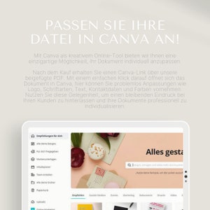 Op de afbeelding: Een screenshot van een Canva-webpagina met de tekst "PASSEN SIE IHRE DATEI IN CANVA AN!" in grote, vetgedrukte letters. De tekst hieronder legt uit hoe je Canva kunt gebruiken om documenten aan te passen. De afbeelding toont een menu aan de linkerkant van het scherm met opties zoals "Alle deine Designs", "F&uuml;r dich freigegeben", "Markenunterlagen", "Inhaltsplaner", "Team erstellen", "Alle deine Ordner", "Papierkorb" en "Uploads". De rechterkant van het scherm toont een voorbeeld van een ontwerp met de tekst "Alles gesta" en een zoekbalk met de tekst "Designs, vorlagen und vieles mehr durchsuchen".