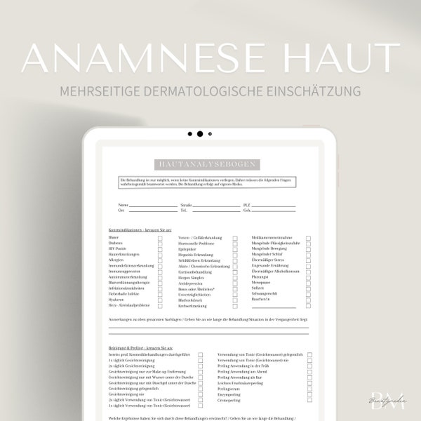 Hautanalysebogen als Canva & PDF Format | Kontraindikationen, Pflegeritual, Hautveränderungen, Anti Aging, Allgemeine Fragen und Hautzustand