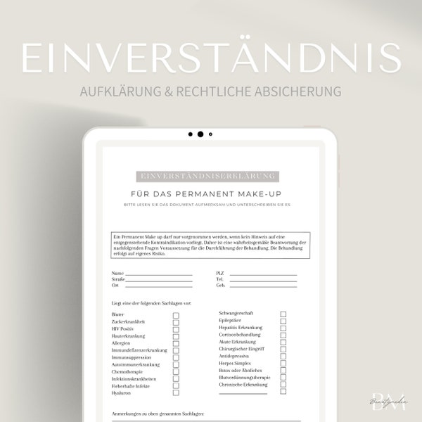 Einverständnis für Permanent Make-up im PDF und Canva Format | E-File kaufen & downloaden | semi permanent PMU Fragebogen inkl Unterschrift