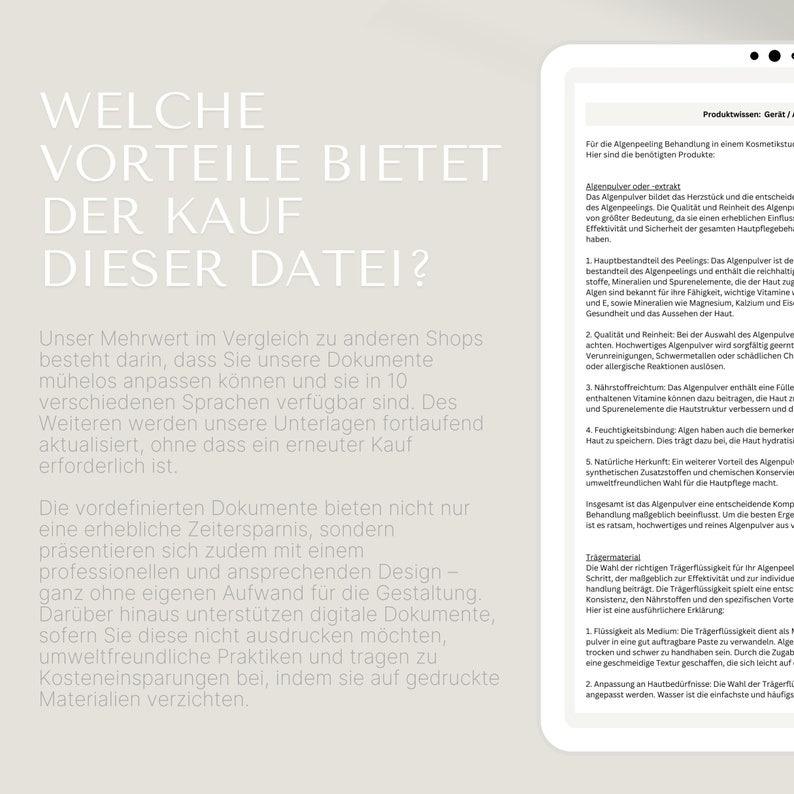 Erklärung der Vorteile unseres Dokuments "Datenschutzerklärung", wie einfaches Bearbeiten der Dokumente, schnelles Herunterladen, Umweltschutz durch digitale Artikel und mehrsprachige Dateien
