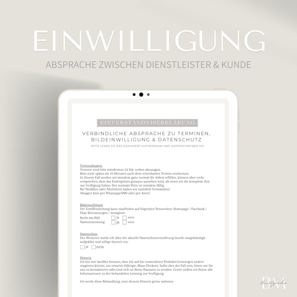 Einverständniserklärung für Termin, Bildrechte und Datenschutz als PDF & Canva Format | Kosmetik Formular inkl. Ausfallgebühren Aufklärung