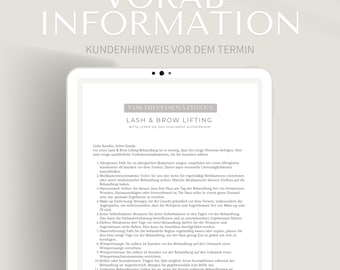 Vorabinformationen Lash & Brow Lifting | Hinweise vor der Behandlung | PDF + Canva Format | Vorsichtsmaßnahmen vor der Laminierung