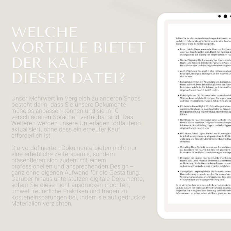 Erklärung der Vorteile unseres Dokuments "Diodenlaser Nebenwirkungen", wie einfaches Bearbeiten der Dokumente, schnelles Herunterladen, Umweltschutz durch digitale Artikel und mehrsprachige Dateien