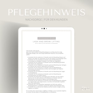 May include: A white tablet screen displaying a German language document titled "Pflegehinweis" with the subheading "Lash and Brow Lifting". The document provides instructions for aftercare following a lash and brow lifting treatment.