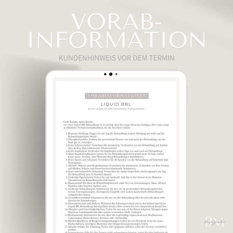 Puede incluir: Una tableta digital muestra un documento en alem&aacute;n titulado "VORABINFORMATIONEN LIQUID BBL". El documento proporciona informaci&oacute;n y directrices previas al tratamiento para un procedimiento Liquid BBL.
