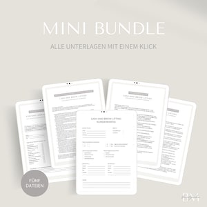 May include: A digital mini bundle of five white documents for lash and brow lifting services. The pages feature black text in German, including a client intake form, aftercare instructions, and treatment details, arranged in a fanned layout.